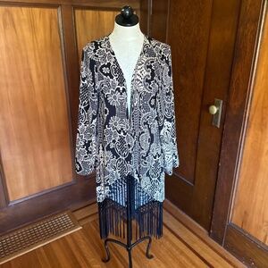 Lace Print Fringe Duster in Black & White Cream, Light Weight Long Kimono Boho
